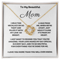 To My Beautiful Mom Love Knot 14k or 18k finish Necklace. Features a beautiful pendant embellished with premium cubic zirconia crystals and heartfelt message card.