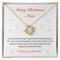 The Best Christmas Gift For Mom. Happy Christmas Mom Love Knot Necklace with heartfelt message. 14k white gold or 18k yellow gold finish.