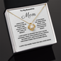 To My Beautiful Mom Love Knot 14k or 18k finish Necklace. Features a beautiful pendant embellished with premium cubic zirconia crystals and heartfelt message card.