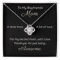 To My Boyfriends Mom Beautiful Love Knot 14k or 18k finish Necklace. Features a beautiful pendant embellished with premium cubic zirconia crystals and heartfelt message card.