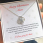 The Best Christmas Gift For Mom. Happy Christmas Mom Love Knot Necklace with heartfelt message. 14k white gold or 18k yellow gold finish.