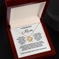 To My Beautiful Mom Love Knot 14k or 18k finish Necklace. Features a beautiful pendant embellished with premium cubic zirconia crystals and heartfelt message card.