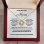 To My Beautiful Mom Love Knot 14k or 18k finish Necklace. Features a beautiful pendant embellished with premium cubic zirconia crystals and heartfelt message card.