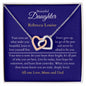 Personalised Beautiful Daughter Interlocking Hearts Necklace, two heart pendants embellished with CZ crystals High quality polished surgical steel and rose gold finish. With a Heartfelt message starting with: Your scars are what make you beautiful.