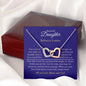 Personalised Beautiful Daughter Interlocking Hearts Necklace, two heart pendants embellished with CZ crystals High quality polished surgical steel and rose gold finish. With a Heartfelt message starting with: Your scars are what make you beautiful.