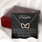 To Our Daughter, two lovely interlocking heart pendants embellished with CZ crystals. High quality polished surgical steel and rose gold finish.