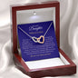 Personalised Beautiful Daughter Interlocking Hearts Necklace, two heart pendants embellished with CZ crystals High quality polished surgical steel and rose gold finish. With a Heartfelt message starting with: Your scars are what make you beautiful.
