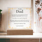 To Our Dad Acrylic Plaque With LED Option. Message reads, You mean the world, and more, it's true. So here is a special gift from us to you. It's a token of our love for all you do. No matter where we are and how far away, we will always love you more than words can say. Thank you for being our Dad. "Love You Forever."