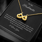 To My Soulmate Infinity Hearts Necklace with message card. crafted in either a 14k white gold finish or an 18k yellow gold finish, this heart-shaped infinity symbol is hand-polished to showcase its magnificent shine