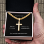 Engraved 18k Finish Gold Cross Necklace On Cuban Chain. Message card reads, Keep the Faith, See the Invisible, Believe the Unbelievable, And receive the Impossible.