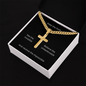 Engraved 18k Finish Gold Cross Necklace On Cuban Chain. Message card reads, Keep the Faith, See the Invisible, Believe the Unbelievable, And receive the Impossible.
