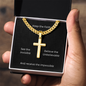 Engraved 18k Finish Gold Cross Necklace On Cuban Chain. Message card reads, Keep the Faith, See the Invisible, Believe the Unbelievable, And receive the Impossible.