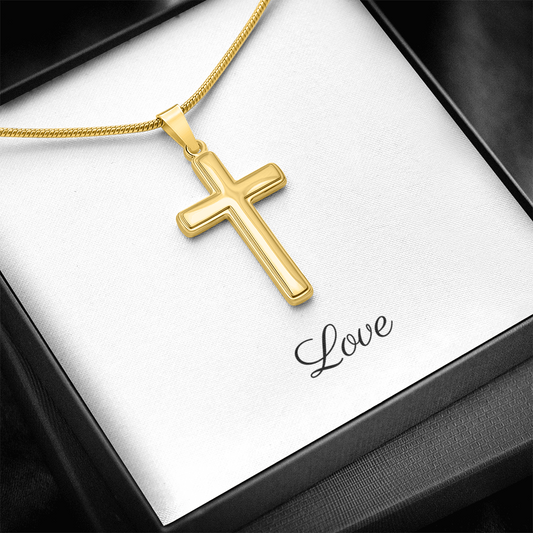 Elegant Artisan Cross Necklace with Snake chain. Complimentary soft touch box for easy gifting or upgrade to the mahogany style luxury box, with a brilliant LED spotlight.