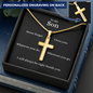 Engraved Personalised Cross Necklace Finished in 18k Gold. A timeless pendant necklace and heartfelt message card is designed as a meaningful gift for sons. Message card reads Never forget I love you. Whatever you do, wherever you go, I will always be right beside you.