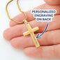 Engraved Personalised Cross Necklace Finished in 18k Gold. A timeless pendant necklace and heartfelt message card is designed as a meaningful gift for sons. Message card reads Never forget I love you. Whatever you do, wherever you go, I will always be right beside you.