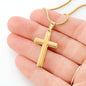 Engraved Personalised Cross Necklace Finished in 18k Gold. A timeless pendant necklace and heartfelt message card is designed as a meaningful gift for sons. Message card reads Never forget I love you. Whatever you do, wherever you go, I will always be right beside you.