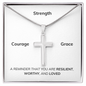 Stunning artisan-crafted Stainless Steel Cross Necklace with Gift box and Message. Strength, Courage, Grace. A reminder that you are resilient, worthy and loved. Adjustable snake chain (18" - 22") and attaches with an easy to use lobster clasp.