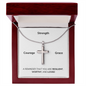 Stunning artisan-crafted Stainless Steel Cross Necklace with Gift box and Message. Strength, Courage, Grace. A reminder that you are resilient, worthy and loved. Adjustable snake chain (18" - 22") and attaches with an easy to use lobster clasp.