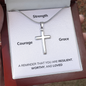 Stunning artisan-crafted Stainless Steel Cross Necklace with Gift box and Message. Strength, Courage, Grace. A reminder that you are resilient, worthy and loved. Adjustable snake chain (18" - 22") and attaches with an easy to use lobster clasp.
