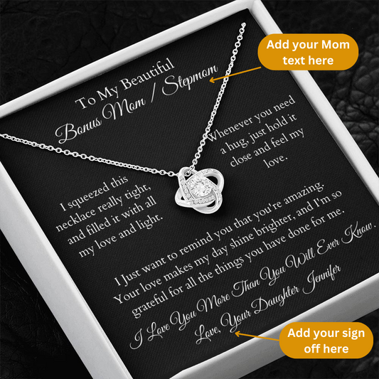 Personalised To My Bonus Mom / Stepmom, Beautiful Love Knot 14k or 18k finish Necklace. Features a beautiful pendant embellished with premium cubic zirconia crystals and heartfelt message card.