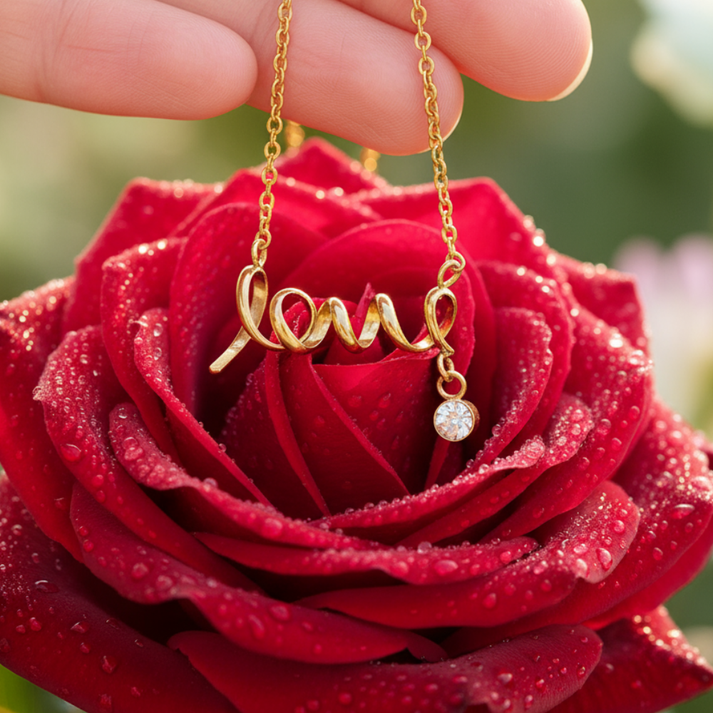 Pendant necklace cursive design spells LOVE. Polished stainless steel or 18k gold finish. Message card To My Beautiful Wife  