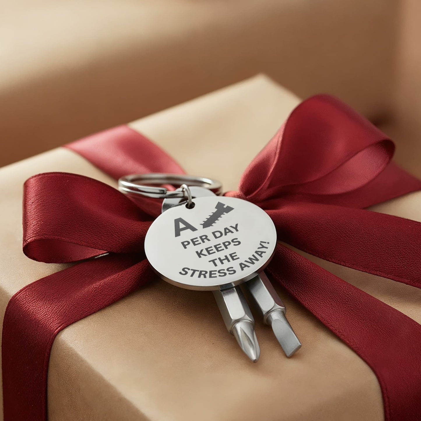 Engraved keychain screwdriver for your guy or gal with flathead and Philips. Message reads A screw per day keeps your stress away. Add your own engraved message on the back. Colour Black or Silver.