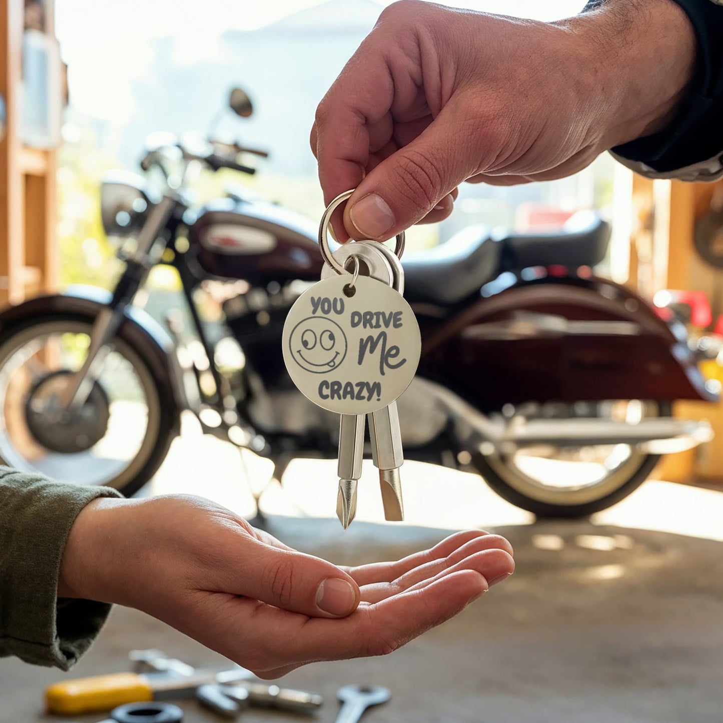 Engraved keychain screwdriver for your loved one with flathead and Philips. Cheeky message reads You drive me crazy! with a googly face. Add your own engraved message on the back. Colour Black or Silver.