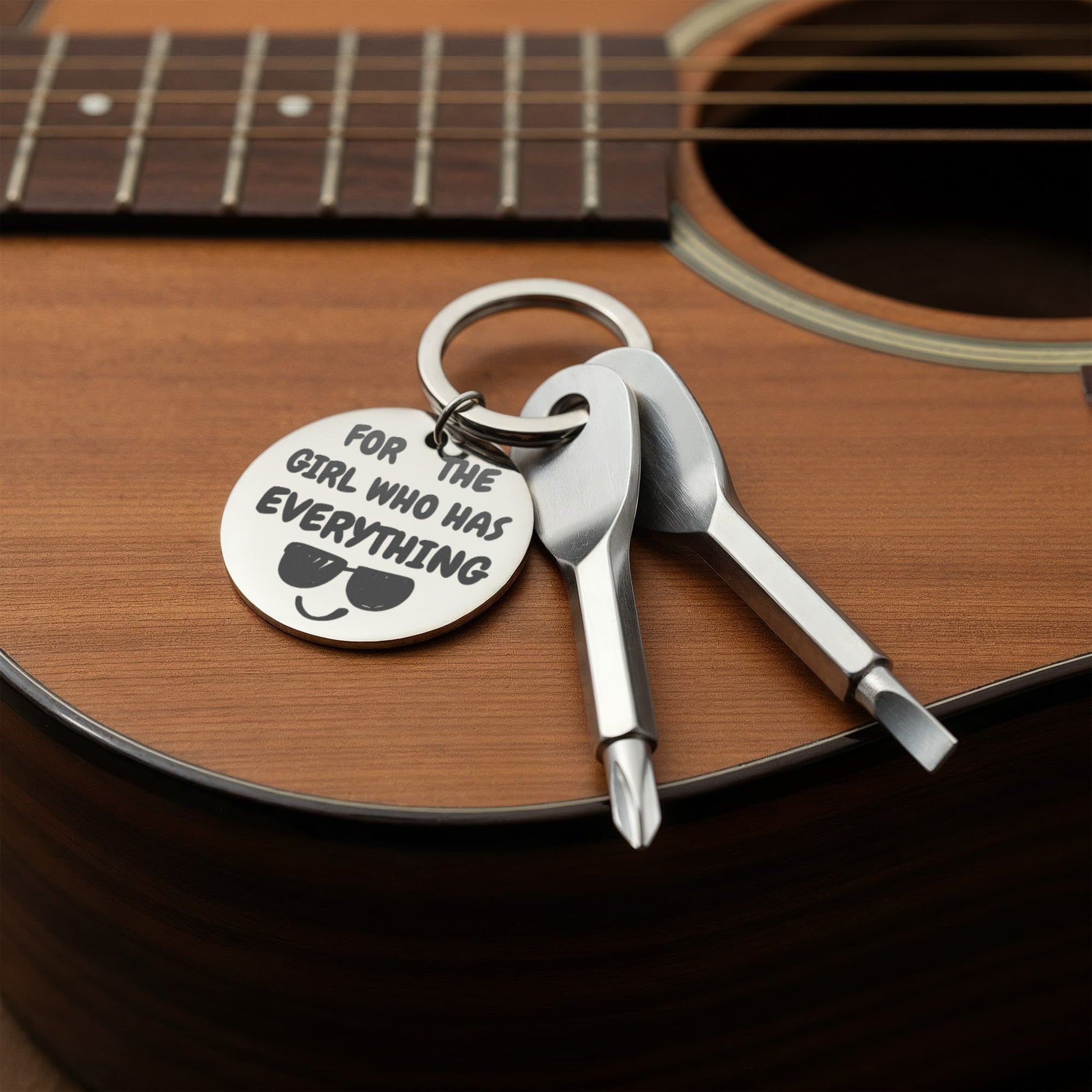 Engraved keychain screwdriver for your Girl with flathead and Philips. Cheeky message reads For the girl who has everything! Add your own engraved message on the back. Colour Black or Silver.