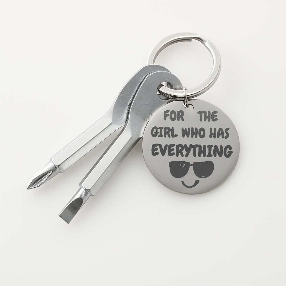 Engraved keychain screwdriver for your Girl with flathead and Philips. Cheeky message reads For the girl who has everything! Add your own engraved message on the back. Colour Black or Silver.