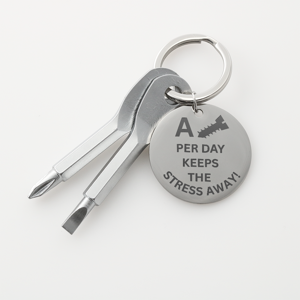 Engraved keychain screwdriver for your guy or gal with flathead and Philips. Message reads A screw per day keeps your stress away. Add your own engraved message on the back. Colour Black or Silver.