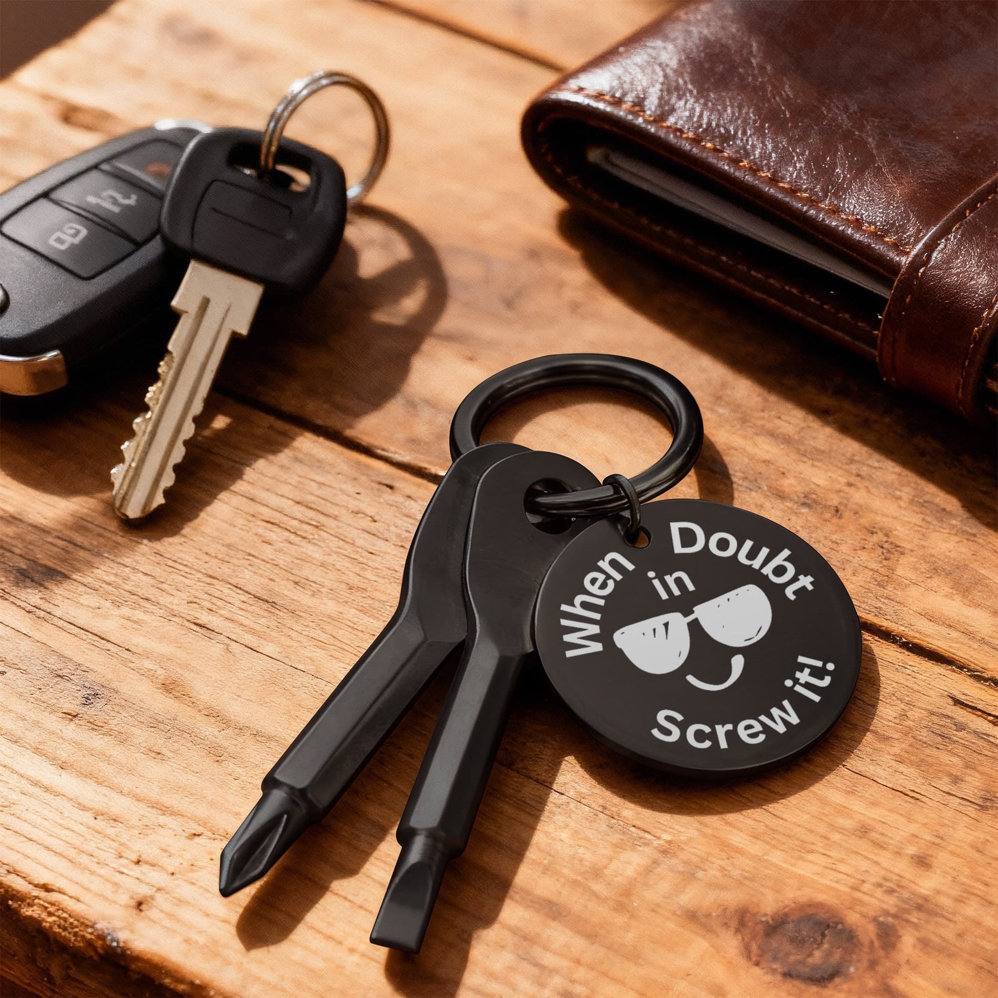 Engraved keychain screwdriver for your guy or gal with flathead and Philips. Message reads If in doubt, Screw it with Smile face sunglasses image. Add your own engraved message on the back. Colour Black or Silver.