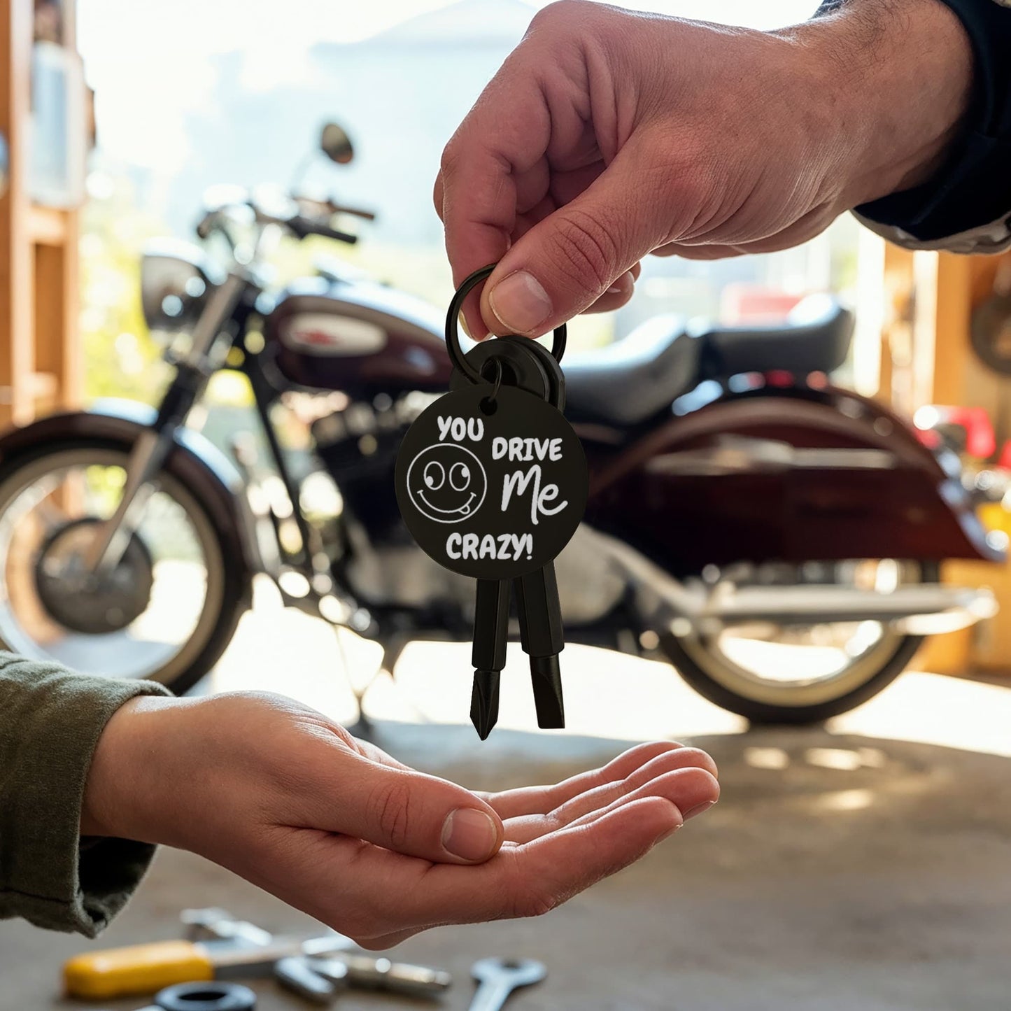 Engraved keychain screwdriver for your loved one with flathead and Philips. Cheeky message reads You drive me crazy! with a googly face. Add your own engraved message on the back. Colour Black or Silver.
