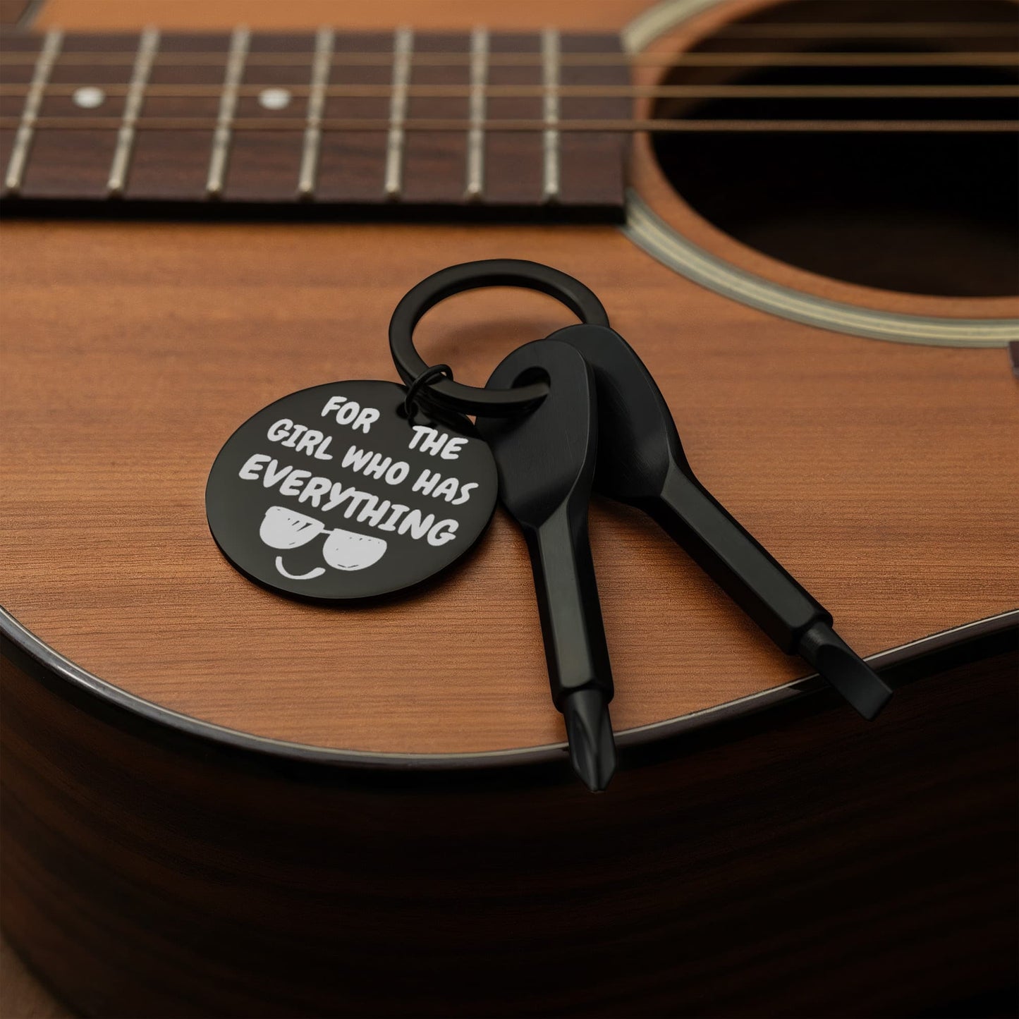 Engraved keychain screwdriver for your Girl with flathead and Philips. Cheeky message reads For the girl who has everything! Add your own engraved message on the back. Colour Black or Silver.