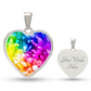 Rainbow Flower Graphic Necklace. A rainbow flower symbolises joy, diversity, and hope. Because of its vibrant mix of colours, it represents happiness, positivity, and inclusivity. Our patent-pending jewellery is made of high quality surgical steel or with an 18k gold finish option. Perfect Gift For:
Birthdays & Anniversaries
Pride Celebrations 
Mother’s Day & Valentine’s Day
Someone who brightens your life!