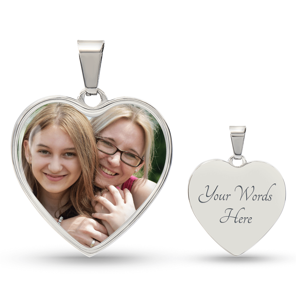 Graphic Heart Necklace, Add Your Picture And Engraving. Made of high quality surgical steel or an 18k gold finish option. Luxury Necklace: 18-22" (45-56cm) adjustable.
Heart Pendant: 24mm x 24mm