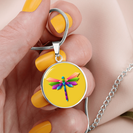 Colourful Dragonfly Graphic Personalised Engraved Disc Necklace on yellow butter background. Polished surgical steel or with an 18k gold finish option. Necklace: 18-22" adjustable.
Circle Pendant: 0.9” x 0.9” (23.5mm x 23.5mm)