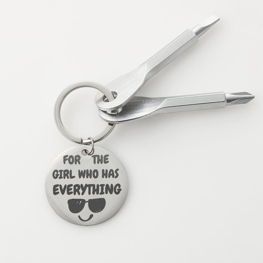 Engraved keychain screwdriver for your Girl with flathead and Philips. Cheeky message reads For the girl who has everything! Add your own engraved message on the back. Colour Black or Silver.