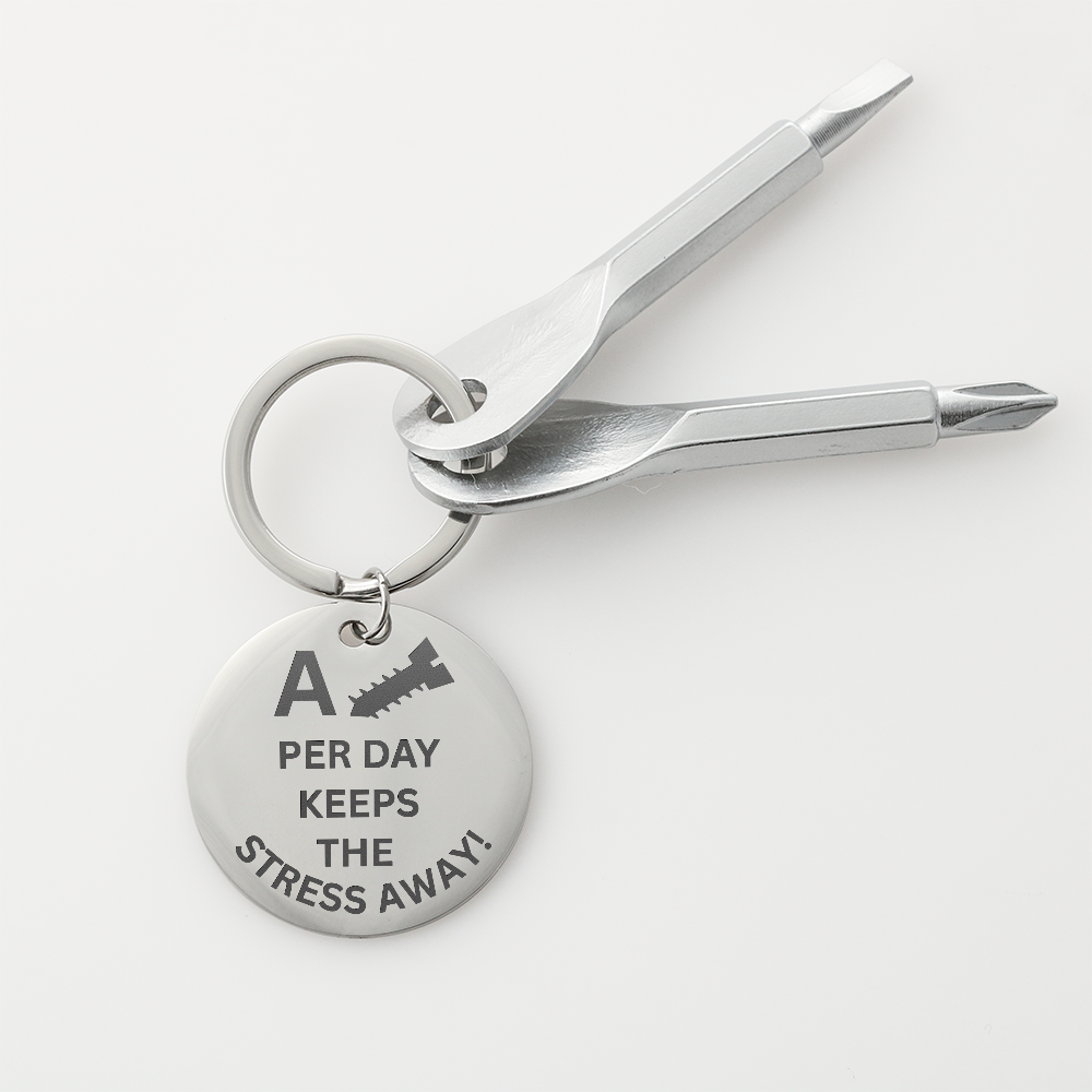Engraved keychain screwdriver for your guy or gal with flathead and Philips. Message reads A screw per day keeps your stress away. Add your own engraved message on the back. Colour Black or Silver.