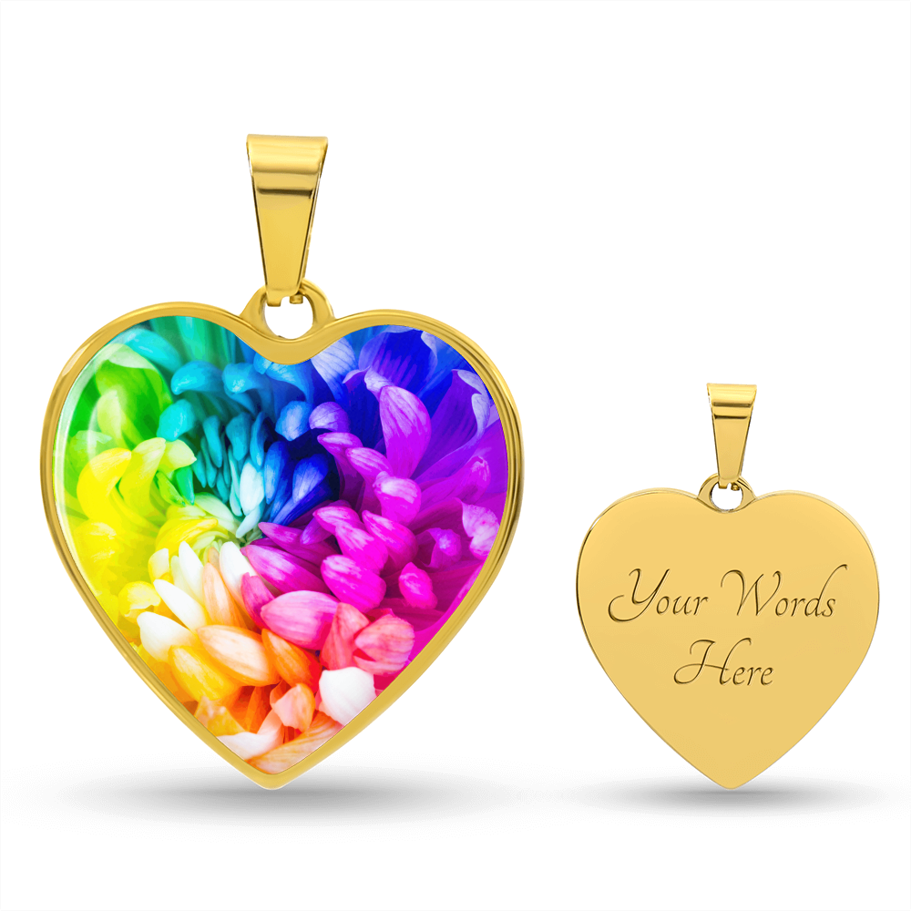 Rainbow Flower Graphic Necklace. A rainbow flower symbolises joy, diversity, and hope. Because of its vibrant mix of colours, it represents happiness, positivity, and inclusivity. Our patent-pending jewellery is made of high quality surgical steel or with an 18k gold finish option. Perfect Gift For:
Birthdays & Anniversaries
Pride Celebrations 
Mother’s Day & Valentine’s Day
Someone who brightens your life!