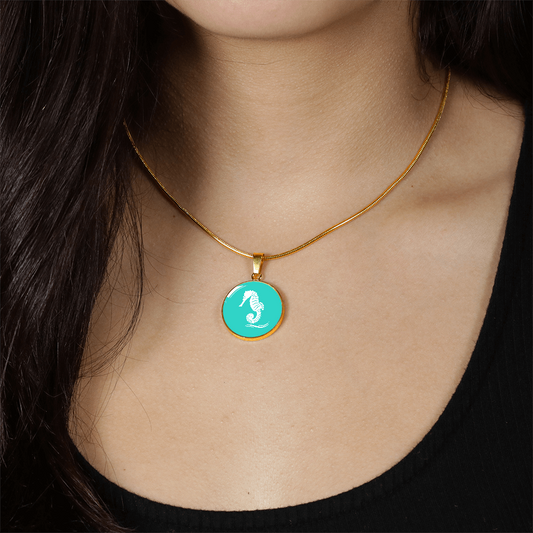 Dainty Sea Horse Circle Necklace, Turquoise Personalized Engraved Circle Necklace. Polished surgical steel or with an 18k gold finish option. Necklace: 18-22" adjustable.
Circle Pendant: 0.9” x 0.9” (23.5mm x 23.5mm)