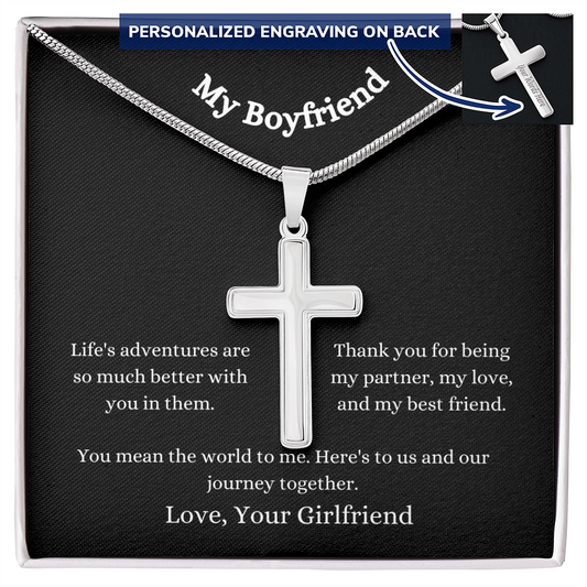 Cross Engraved Pendant With Snake Chain Necklace for your boyfriend. Crafted in high polished stainless steel, this piece will resist tarnishing and is hypoallergenic for sensitive skin. Includes a luxury adjustable snake chain (18" - 22") and attaches with an easy to use lobster clasp.