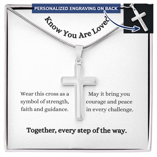 Personalised Engraved Cross Pendant Necklace with Inspirational Message Card that carries deep significance for the wearer. The gorgeous Polished Stainless Steel Cross can be further personalised on the back with a name, date, or short message up to 20 characters. 