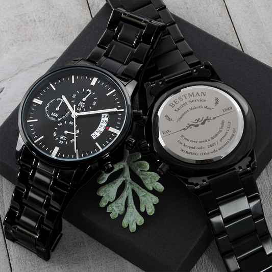 Best Man Engraved Design Black Chronograph Watch is the perfect gift for your Best Man.