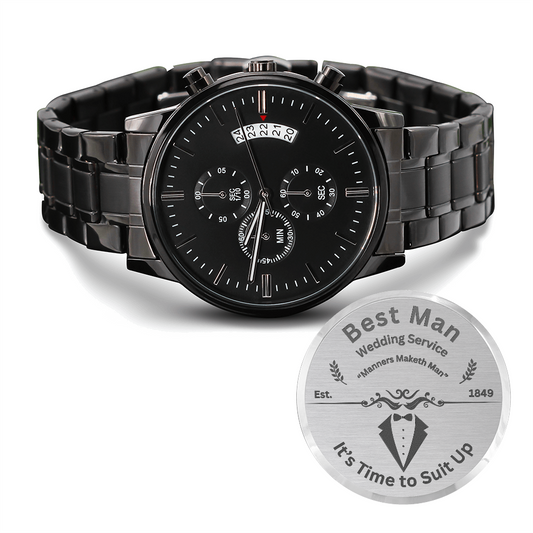 A personalized Best Man gift that can withstand constant use, this Engraved Design Black Chronograph Watch is the perfect gift for your wedding party. A fun thoughtful Best Man gift and a long-lasting keepsake.