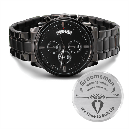 A personalized Groomsman gift that can withstand constant use, this Engraved Design Black Chronograph Watch is the perfect gift for your wedding party. A fun thoughtful groomsmen gift and a long-lasting keepsake