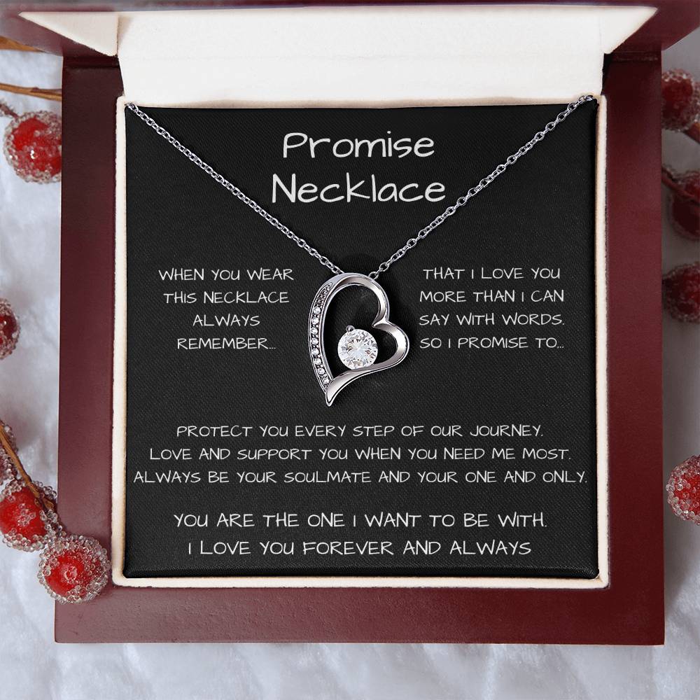 Promise Heart Shape Pendant Necklace 14k white gold finish or 18k yellow gold finish 6.5mm round cut cubic zirconia stone with a heartfelt promise message