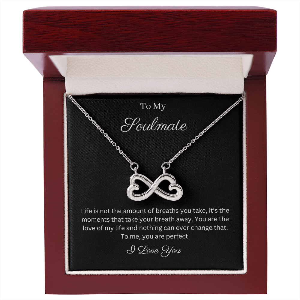 To My Soulmate Infinity Hearts Necklace with message card. crafted in either a 14k white gold finish or an 18k yellow gold finish, this heart-shaped infinity symbol is hand-polished to showcase its magnificent shine