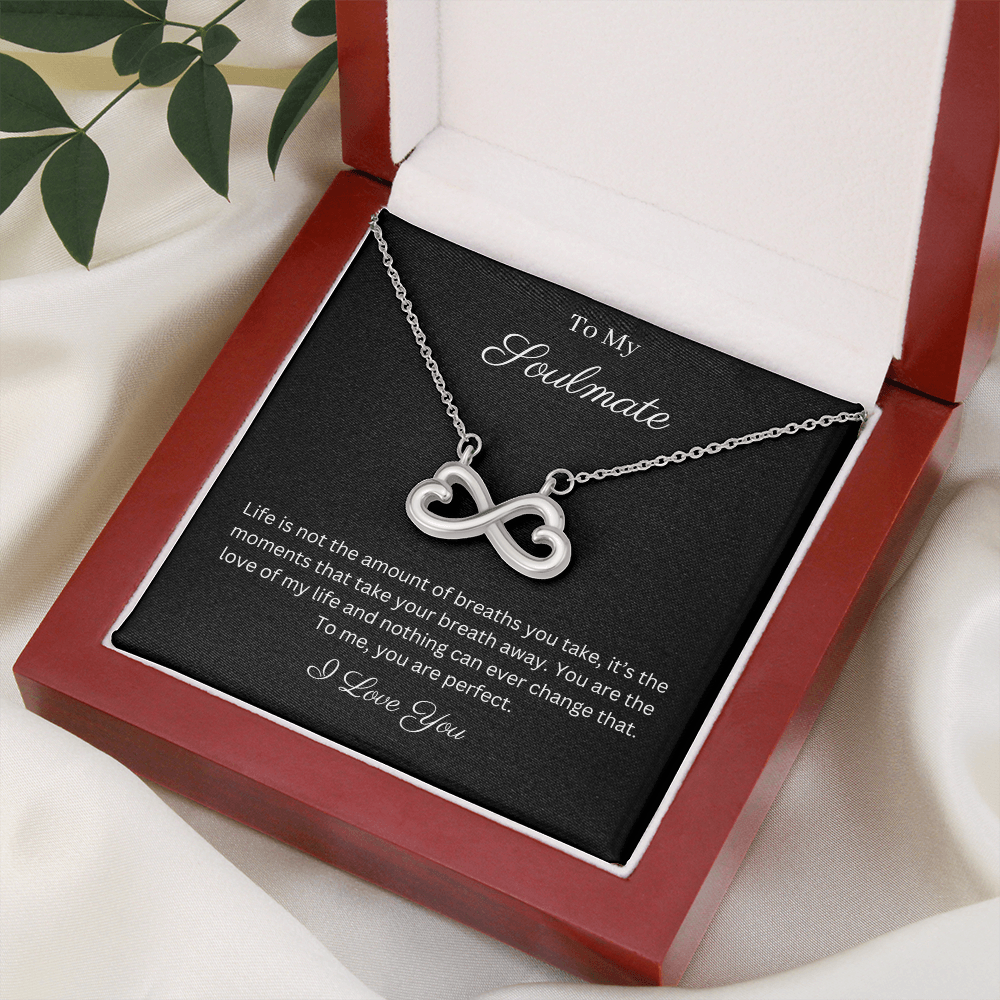 To My Soulmate Infinity Hearts Necklace with message card. crafted in either a 14k white gold finish or an 18k yellow gold finish, this heart-shaped infinity symbol is hand-polished to showcase its magnificent shine