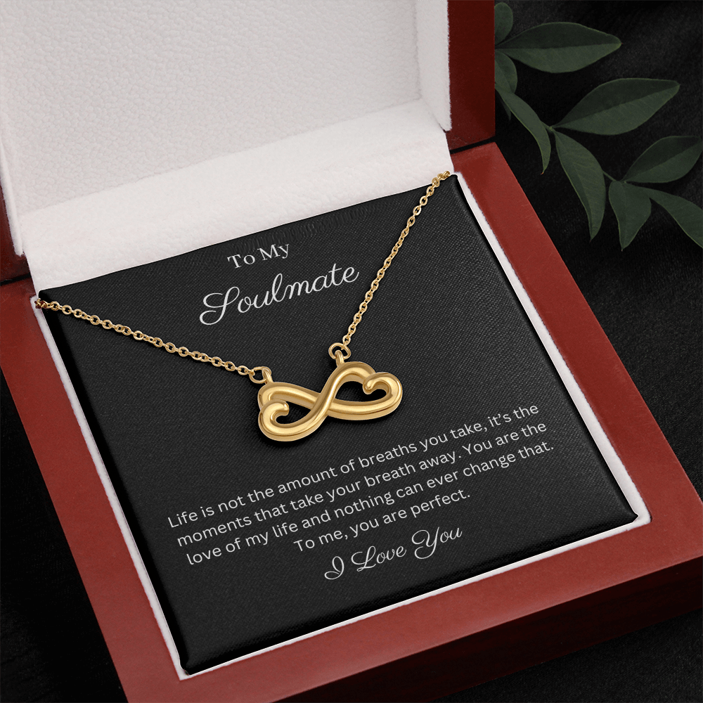 To My Soulmate Infinity Hearts Necklace with message card. crafted in either a 14k white gold finish or an 18k yellow gold finish, this heart-shaped infinity symbol is hand-polished to showcase its magnificent shine