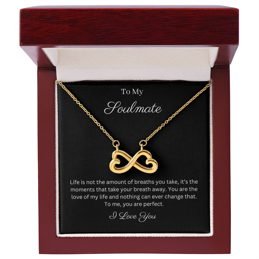 To My Soulmate Infinity Hearts Necklace with message card. crafted in either a 14k white gold finish or an 18k yellow gold finish, this heart-shaped infinity symbol is hand-polished to showcase its magnificent shine